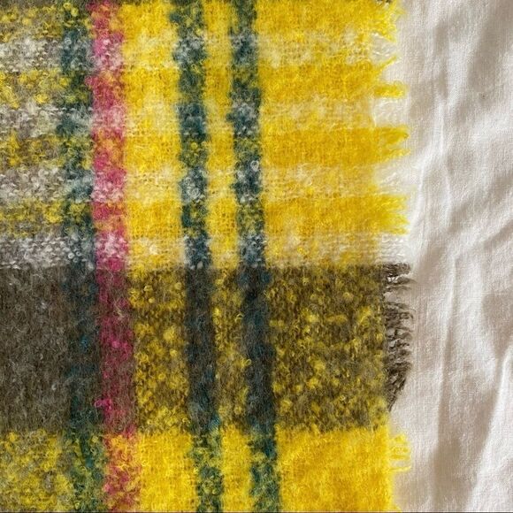 Yellow Pink Green Grey Plaid Eyelash Fringe and Tassel Scarf - Picture 3 of 11